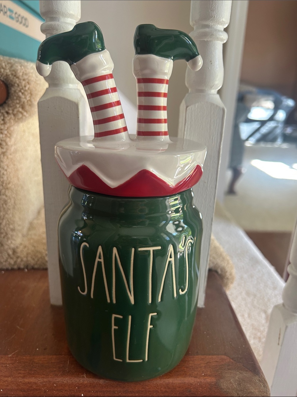 Rae Dunn Green Santa's Elf Ceramic Treat Jar with Red & White Stripes